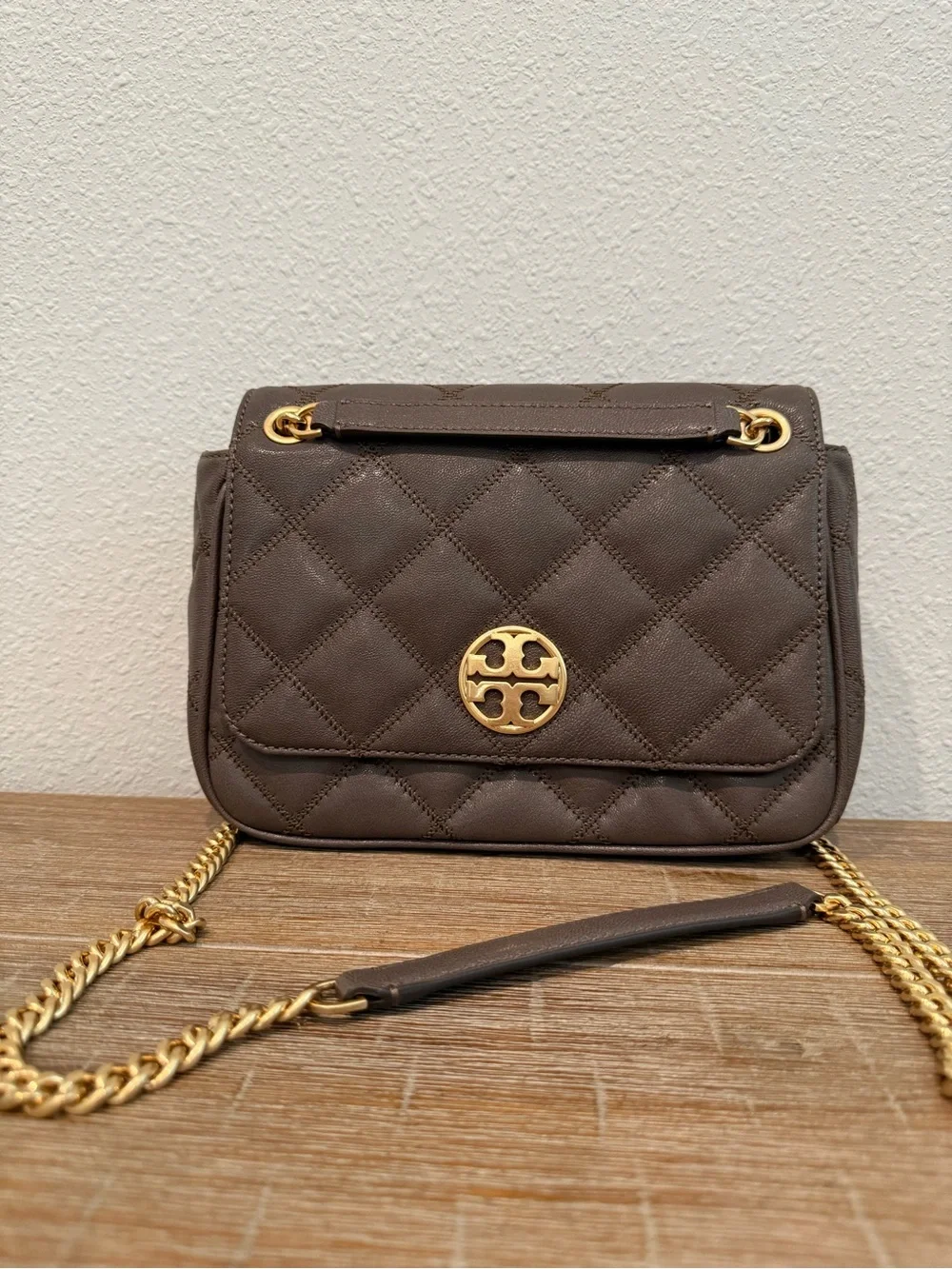 Tory Burch “Willa” Quilted Chain Shoulder Bag in Volcanic Stone